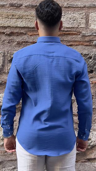 Slim Fit Uzun Kol Müslin Pamuk Rahat Nefes Alabilen Kumaştan Yaka Düğmeli Hediye Kutulu Erkek Gömlek FS-004202 - Saks Mavi