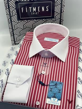 Klasik Uzun Kol Cepsiz Yaka Manşet Beyaz Hediye Kutulu Erkek Gömlek FS-004328 - Bordo Beyaz