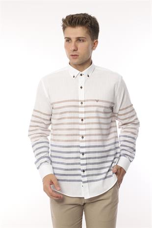 Slim Fit Uzun Kol Panolu Keten Hediye Kutulu Kolay Ütülenebilir Erkek Gömlek FS-002996 - Bej