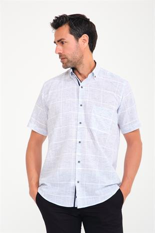 Klasik Kısa Kol Büyük Kare Flam Keten Düğmeli Yaka Hediye Kutulu Erkek Gömlek FS-000714 - Lacivert