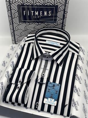 Klasik Uzun Kol Çizgili Cepsiz Yaka Alttan Düğmeli Likralı Hediye Kutulu Erkek Gömlek FS-003175 - Siyah Beyaz