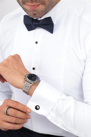 Slim Fit Uzun Kol Soft Saten Smokin Damatlık Erkek Hediye Kutulu Gömlek FS-001947 - Beyaz Lacivert