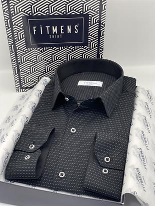 Slim Fit Uzun Kol Nokta Desenli Hediye Kutulu Erkek Gömlek FS-001374 - Siyah