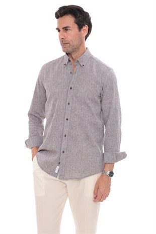 Slim Fit Uzun Kol Yaka Düğmeli Nefes Alan Keten Hediye Kutulu Erkek Gömlek FS-004548 - Kahverengi