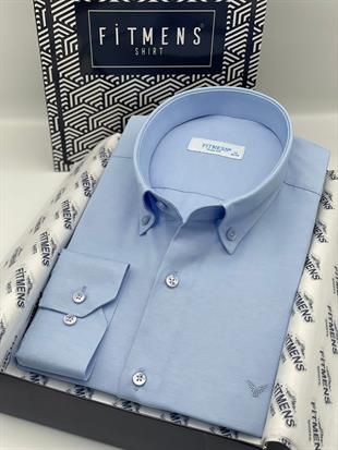 Slim Fit Uzun Kol Pamuklu Hediye Kutulu Kolay Ütülenebilir Erkek Gömlek FS-002225 - Mavi