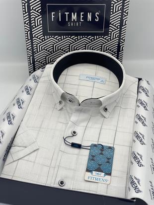 Klasik Kısa Kol Kareli Keten Cotton Yaka Düğmeli Hediye Kutulu Erkek Gömlek FS-003573 - Beyaz Gri