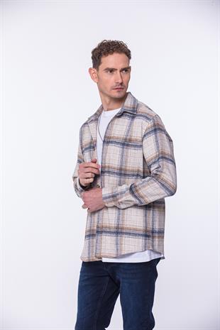 Oversize Yeni Sezon Gömlek Yaka Pamuklu Oduncu Hediye Kutulu Erkek Gömlek FS-002202 - Bej