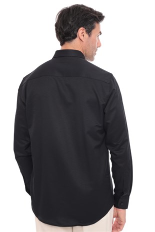 Slim Fit Uzun Kol Baklava Desen Kol Nakışlı Yaka Düğmeli Hediye Kutulu Şık Erkek Gömlek FS-004200 - Siyah