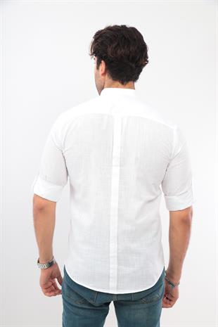 Hakim Yaka Slim Fit Keten Hediye Kutulu Erkek Gömlek FS-003042 - Beyaz