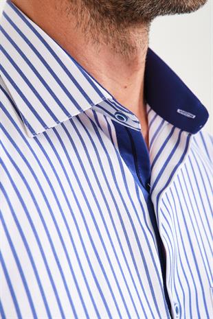 Klasik Kısa Kol Kalın Çizgili Hediye Kutulu Erkek Gömlek FS-000702 - Beyaz Saks Mavi