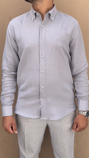 Slim Fit Uzun Kol Müslin Pamuk Rahat Nefes Alabilen Kumaştan Yaka Düğmeli Hediye Kutulu Erkek Gömlek FS-004202 - Gri