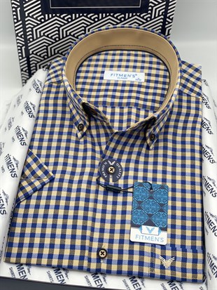 Klasik Kısa Kol Kareli Yaka Düğmeli Hediye Kutulu Erkek Gömlek FS-004576 - Camel