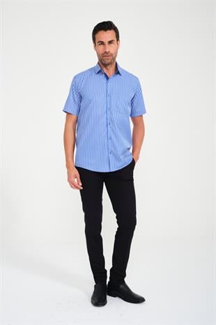 Klasik Kısa Kol Kalın Çizgili Hediye Kutulu Erkek Gömlek FS-000702 - Saks Mavi