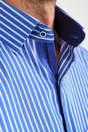 Klasik Kısa Kol Kalın Çizgili Hediye Kutulu Erkek Gömlek FS-000702 - Saks Mavi