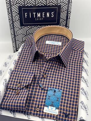 Klasik Geniş Kesim Uzun Kol Elegance Kareli Yaka Düğmeli Hediye Kutulu Erkek Gömlek FS-004341 - Lacivert Bej