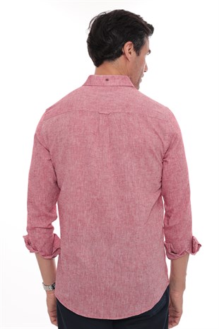 Slim Fit Uzun Kol Yaka Düğmeli Nefes Alan Keten Hediye Kutulu Erkek Gömlek FS-004548 - Kırmızı