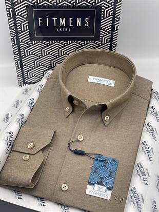Slim Fit Uzun Kol Pamuklu Hediye Kutulu Kolay Ütülenebilir Erkek Gömlek FS-002225 - Kahverengi