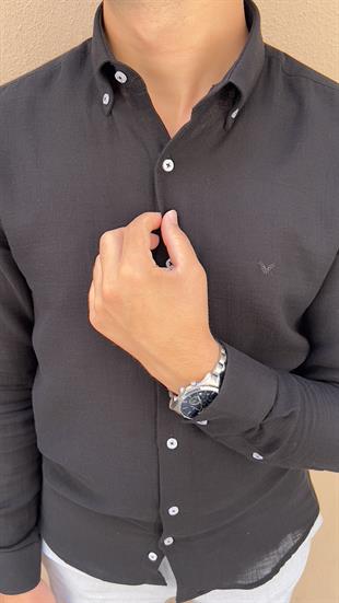 Slim Fit Uzun Kol Müslin Pamuk Rahat Nefes Alabilen Kumaştan Yaka Düğmeli Hediye Kutulu Erkek Gömlek FS-004202 - Siyah
