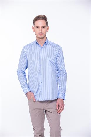 Klasik Uzun Kol Premium Kalın Çizgili Hediye Kutulu Erkek Gömlek FS-001266 - Mavi Beyaz