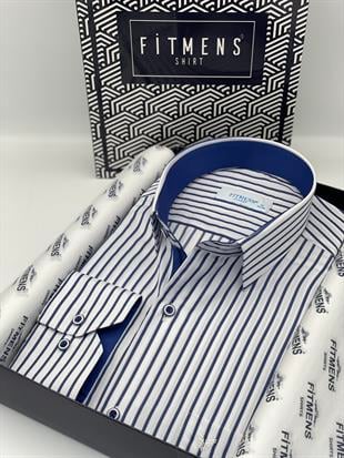 Klasik Uzun Kol Kalın Çizgili Hediye Kutulu Erkek Gömlek FS-001260 - Beyaz Saks Mavi
