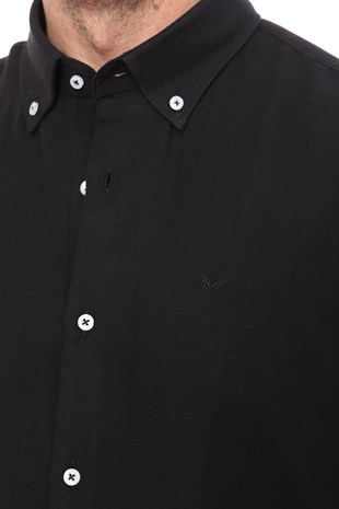 Slim Fit Uzun Kol Müslin Pamuk Rahat Nefes Alabilen Kumaştan Yaka Düğmeli Hediye Kutulu Erkek Gömlek FS-004202 - Siyah