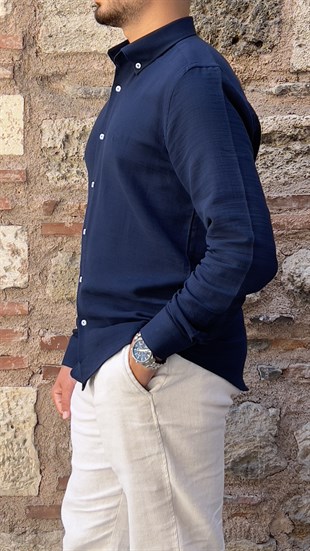 Slim Fit Uzun Kol Müslin Pamuk Rahat Nefes Alabilen Kumaştan Yaka Düğmeli Hediye Kutulu Erkek Gömlek FS-004202 - Lacivert
