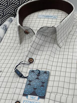 Klasik Kısa Kol Kareli Hediye Kutulu Erkek Gömlek FS-003623 - Beyaz Kahve