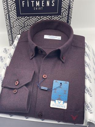 Klasik Uzun Kol Kışlık Yaka Düğmeli Yünlü %100 Cotton Hediye Kutulu Erkek Gömlek FS-003768 - Bordo