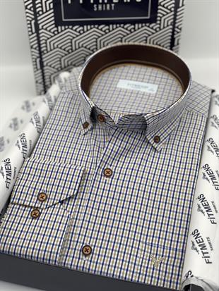 Klasik Uzun Kol Yaka Düğmeli Pöti Kareli Hediye Kutulu Erkek Gömlek FS-003774 - Bej