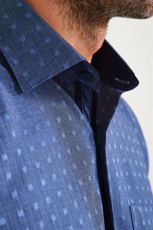 Klasik Kısa Kol Açık Zemin Kutu Desen Keten Cotton Hediye Kutulu Erkek Gömlek FS-000745 - Koyu Lacivert