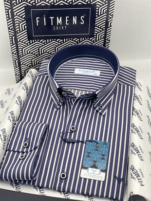 Slim Fit Uzun Kol Premium Kalın Çizgili Yaka Düğmeli Hediye Kutulu Kolay Ütülenebilir Erkek Gömlek FS-001375 - Lacivert