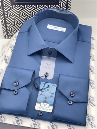 Klasik Uzun Kol Cepsiz Likralı Rahat Kumaş Erkek Gömlek FS-004517 - Açık Lacivert