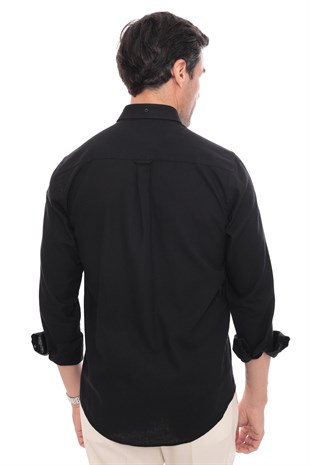 Slim Fit Uzun Kol Yaka Düğmeli Nefes Alan Keten Hediye Kutulu Erkek Gömlek FS-004548 - Siyah