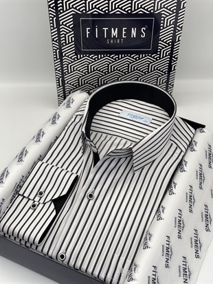 Klasik Uzun Kol Kalın Çizgili Hediye Kutulu Erkek Gömlek FS-001260 - Beyaz Siyah