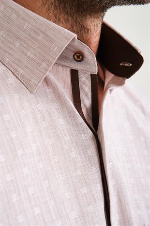 Klasik Kısa Kol Açık Zemin Kutu Desen Keten Cotton Hediye Kutulu Erkek Gömlek FS-000745 - Kahverengi