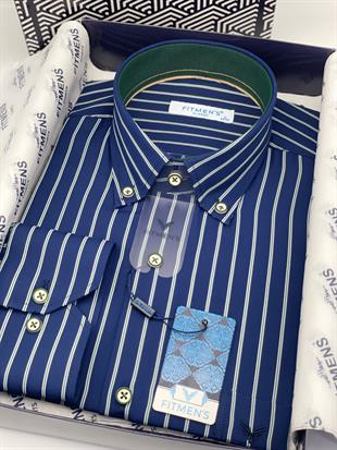 Klasik Geniş Kesim Uzun Kol Elegance Çizgili Yaka Düğmeli Hediye Kutulu Erkek Gömlek FS-004340 - Lacivert Yeşil