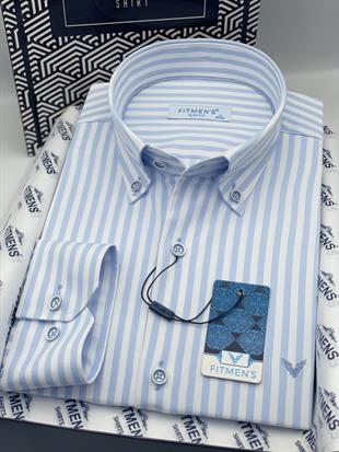 Slim Fit Uzun Kol Likralı Çizgili Yaka Düğmeli Hediye Kutulu Erkek Gömlek FS-003669 - Buz Mavi