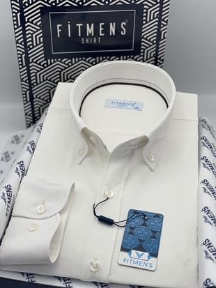 Slim Fit Uzun Kol Baklava Desen Kol Nakışlı Yaka Düğmeli Hediye Kutulu Şık Erkek Gömlek FS-004200 - Krem