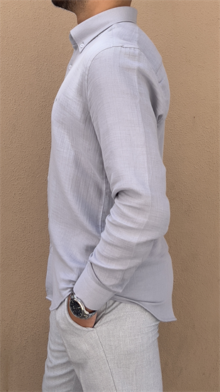 Slim Fit Uzun Kol Müslin Pamuk Rahat Nefes Alabilen Kumaştan Yaka Düğmeli Hediye Kutulu Erkek Gömlek FS-004202 - Gri