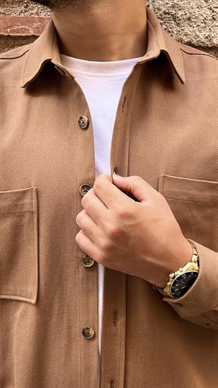 Oversize Gabardin Pamuklu Hediye Kutulu Erkek Ceket Gömlek FS-003868 - Hardal
