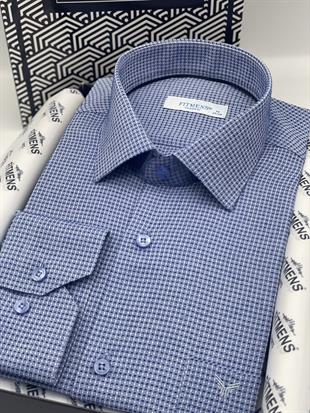 Klasik Uzun Kol Kare Armür Desenli Hediye Kutulu Erkek Gömlek FS-002151 - Saks Mavi