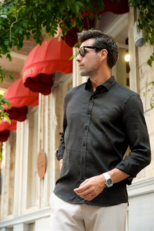 Slim Fit Uzun Kol %100 Keten Nefes Alabilen Kumaştan Hediye Kutulu Erkek Gömlek FS-004170 - Siyah