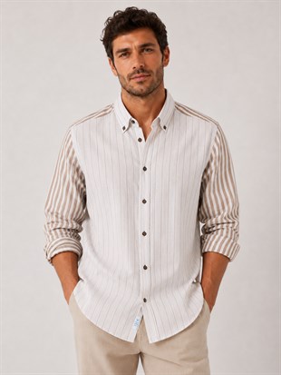 Slim Fit Uzun Kol Keten Likra Çift Desen Cepsiz Hediye Kutulu Erkek Gömlek FS-004577 - Bej