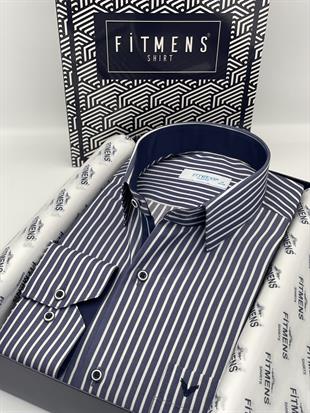 Klasik Uzun Kol Premium Kalın Çizgili Hediye Kutulu Erkek Gömlek FS-001266 - Lacivert Beyaz
