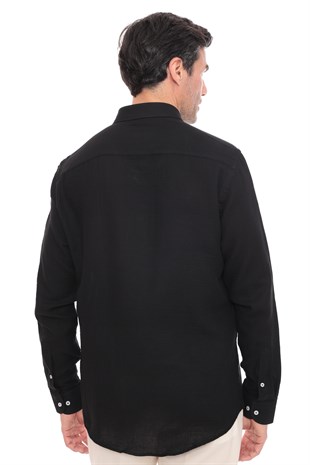 Slim Fit Uzun Kol Müslin Pamuk Rahat Nefes Alabilen Kumaştan Yaka Düğmeli Hediye Kutulu Erkek Gömlek FS-004202 - Siyah