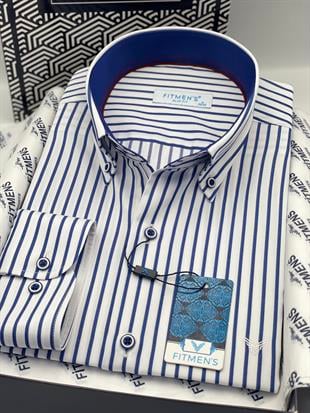 Slim Fit Uzun Kol Premium Kalın Çizgili Yaka Düğmeli Hediye Kutulu Kolay Ütülenebilir Erkek Gömlek FS-001375 - Beyaz Saks Mavi