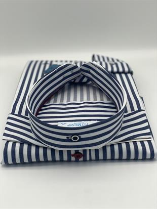 Slim Fit Uzun Kol Likralı Çizgili Yaka Düğmeli Hediye Kutulu Erkek Gömlek FS-003669 - Lacivert