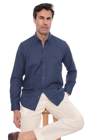 Slim Fit Uzun Kol Baklava Desen Kol Nakışlı Yaka Düğmeli Hediye Kutulu Şık Erkek Gömlek FS-004200 - Lacivert