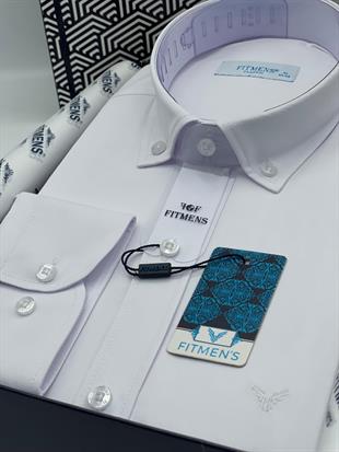 Klasik Uzun Kol Yaka Düğmeli Soft Saten Hediye Kutulu Erkek Gömlek FS-003572 - Beyaz