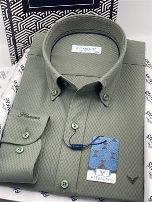 Slim Fit Uzun Kol Baklava Desen Kol Nakışlı Yaka Düğmeli Hediye Kutulu Şık Erkek Gömlek FS-004200 - Yeşil